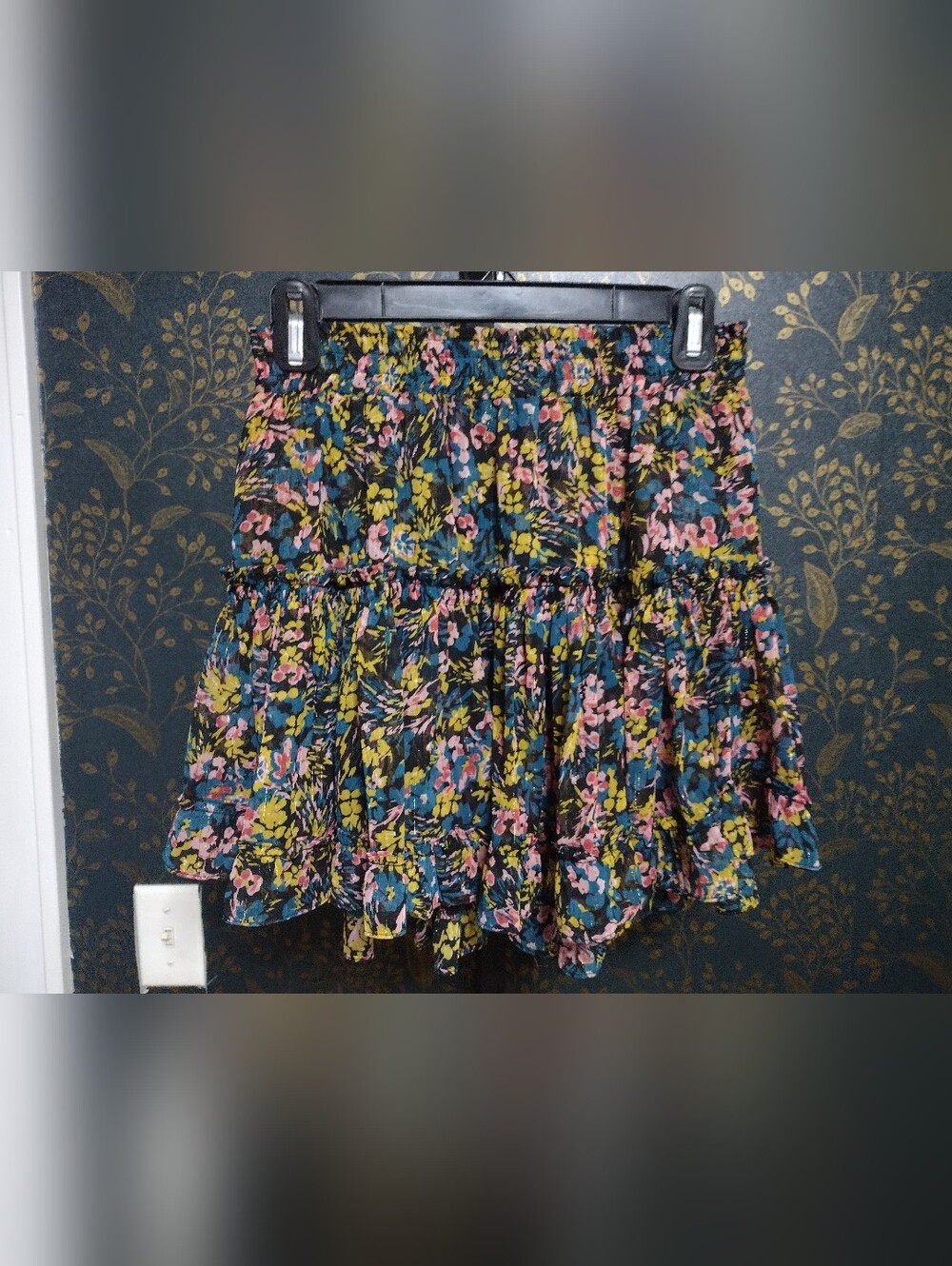 Misa Los Angeles Black Mini Skirt with Pink, Yellow & Blue Floral Print